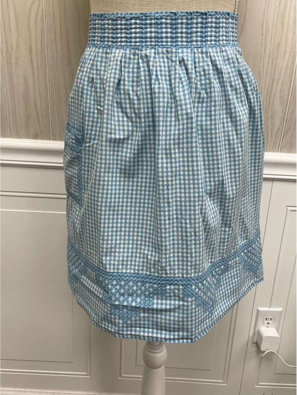 Vintage blue gingham checkered stitched apron